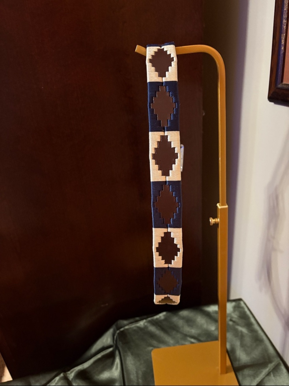 Woven Geometric Belt in Navy, Cream & Brown